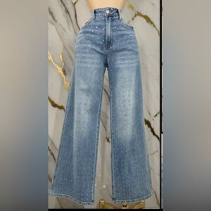 Embellished Light Blue Wide-Leg Women's Jeans